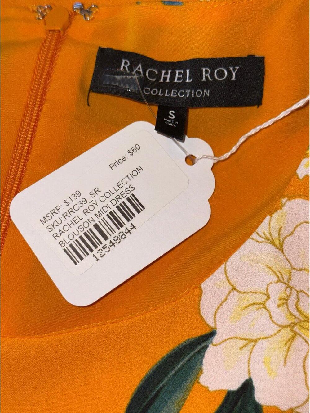 Rachel Roy Collection Floral Midi Dress Womens Small Yellow Orange Blouson NWT - Picture 3 of 5